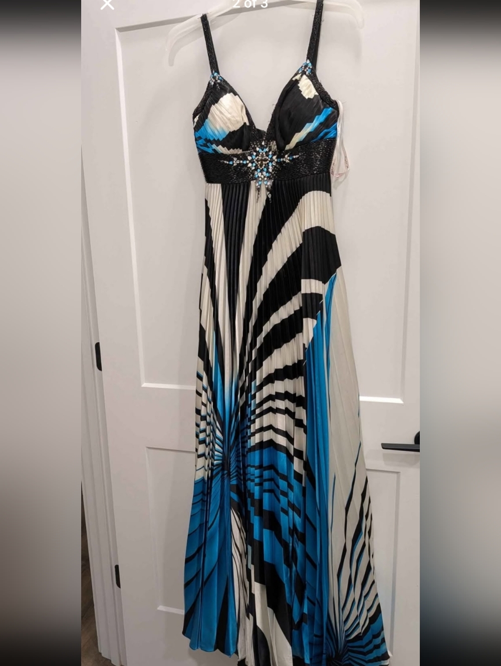 Night Moves Blue Black and White Strapless Pleated Evening Dress